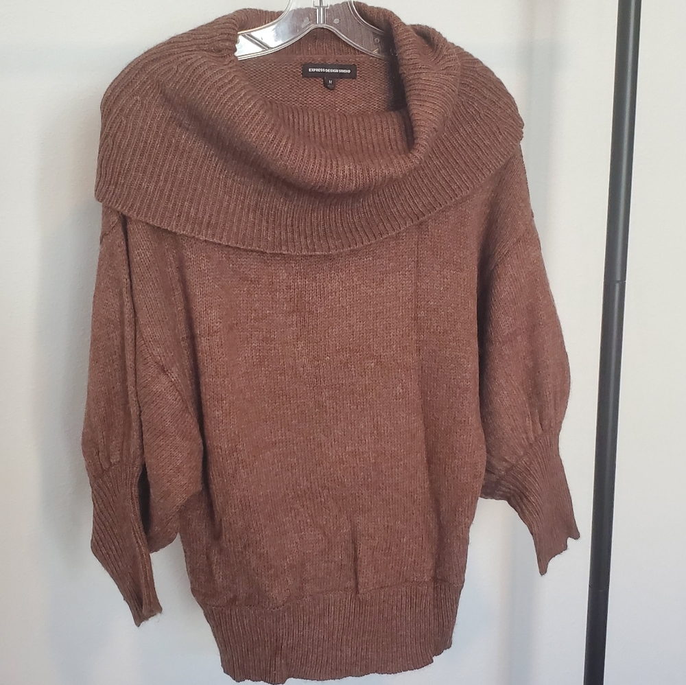 Express cowl neck balloon sleeve sweater - brown, M